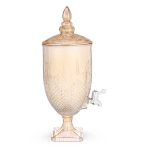 Footed Juice Dispencer with Cover, 3.5 Litre, High Quality Glass , Diamond Cut Design  - Honey