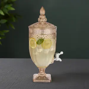 موزع عصائر بقاعده وغطاء، سعة 3.5 لتر ، زجاج عالى الجوده، تصميم  حفر كريستال - عسلى 