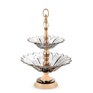 Cake Stand 2 Layers, Glass with Stainless Steel Stand - Grey