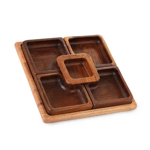 Nuts Plate with 5 Bowls, Square 25x25x3.5cm, Natural Wood - Woody
