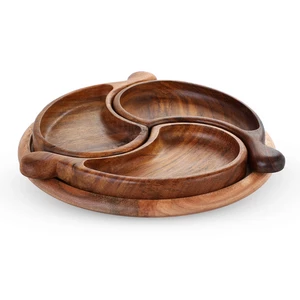 Nuts Plate with 3 Bowls, Leaves, Natural Wood - Woody