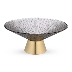 Footed Fruit Bowl, Glass, Round open Conical Shape - Grey  with Gold Base