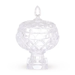Footed Candy Bowl with Cover Bonbonniere, Round shape with Diamond Design, Glass - Transparent
