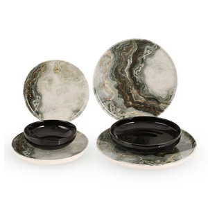 Dinner Set, 24 Pieces for 6 Persons, Porcelain, Turkey - Dark Green Marble