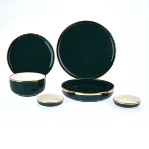Dinner set, 28 Pieces for 6 persons, Porcelain, Green - Gold