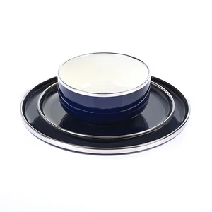 Dinner set, 28 Pieces for 6 persons, Porcelain - Navy Blue with Metallic Silver Outline