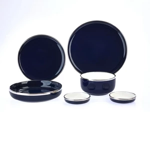 Dinner set, 28 Pieces for 6 persons, Porcelain - Navy Blue with Metallic Silver Outline