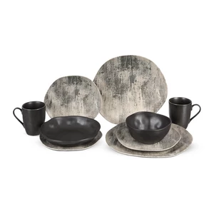 Dinner Set, 30 Pieces for 6 Persons, Modern wavy Shape - Black with Grey 