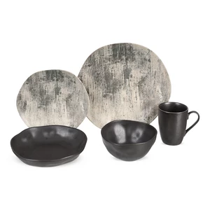 Dinner Set, 30 Pieces for 6 Persons, Modern wavy Shape - Black with Grey 