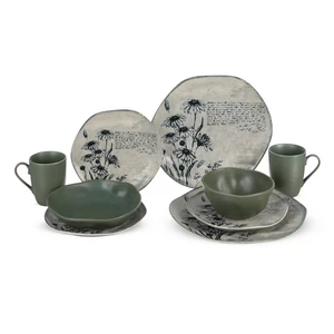 Dinner Set, 30 Pieces for 6 Persons, Modern wavy Shape - Olive Green with Beige