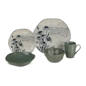 Dinner Set, 30 Pieces for 6 Persons, Modern wavy Shape - Olive Green with Beige