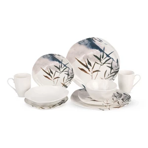 Dinner Set, 30 Pieces for 6 Persons, Modern Wavy Shape - Off White with Colorful Leaves 