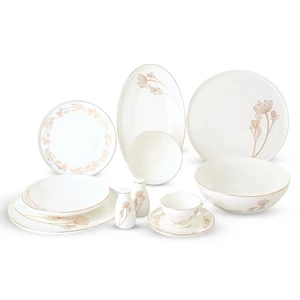 La Maya Dinner Set, Bone China, 40 Pieces for 6 Persons, White with Golden Floral Accents