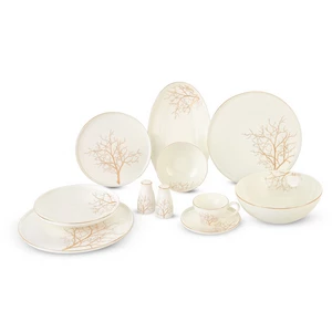 La Maya Dinner Set, Bone China, 40 Pieces for 6 Persons - White with Gold Leafless Tree Decoration