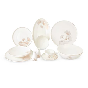 La Maya Dinner Set, Bone China, 40 Pieces for 6 Persons, White with Ginkgo leaves Golden decoration