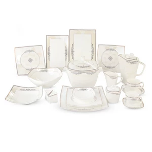 Qualitier Dinner Set, Bone China 60 Pieces for 6 Person, Made In Thailand, White - Gold