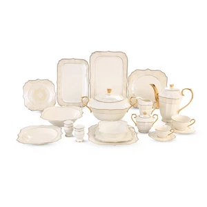La Maya Dinner Set, Fine Bone China, 66 Pieces for 6 Persons - White with Gold - Ivory Decoration
