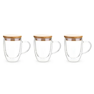 Double Wall Glass Mug Set, 3 Pieces with Wooden Cover, 350ml