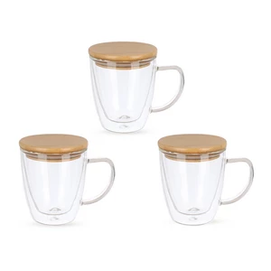 Double wall Glass Mug set, 3 Pieces, 250ML, with Wooden Cover