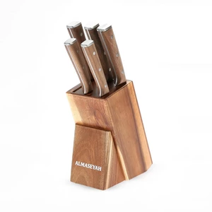 Knife Block Set, 5 pieces with Slanted Wooden Block with Walnut Wood Handel High Quality Steel - Woody