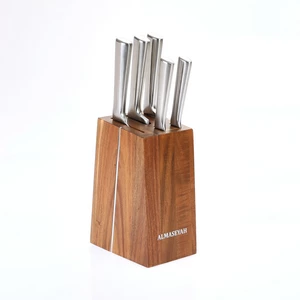 Knife Block Set, 5 pieces with Wooden Block, High Quality Steel - Silver