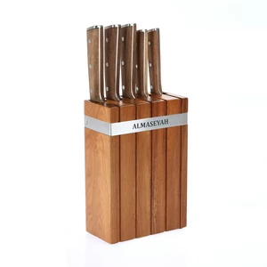 Knife Block Set, 5 pieces with Wooden Block with Walnut Wood Handel, High Quality steel - Woody