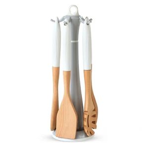 Utensils Set, 6 Pieces, Wood, Silicone Handle with Stand - White