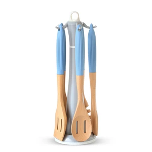 Utensils Set, 6 Pieces, Wood, Silicone Handle with Stand - Blue