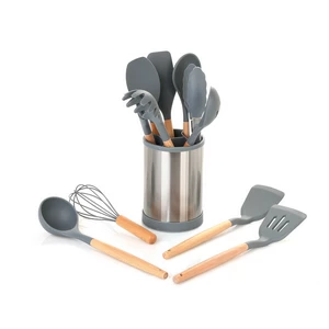 Utensils Set, 12 Pieces with Rotating Base, Silicone with Wooden Handle, Grey