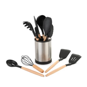 Utensils Set, 12 Pieces with Rotating Base, Silicone with Wooden Handle, Black