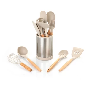 Utensils Set, 12 Pieces with Rotating Base, Silicone with Wooden Handle, Beige