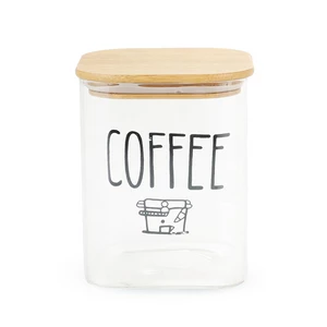 Storage Jar, Square, Glass with Wooden Lid, Coffee - Transparent