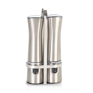 Electric Salt and Pepper Grinder Set, 2 Pieces with Stand, Stainless Steel