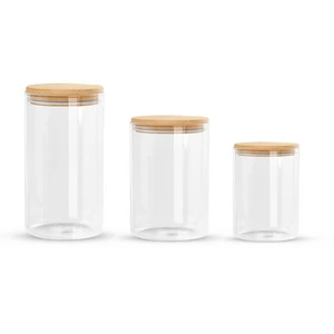 Storage Set 3 Pieces, Clear Glass with Wooden Cover