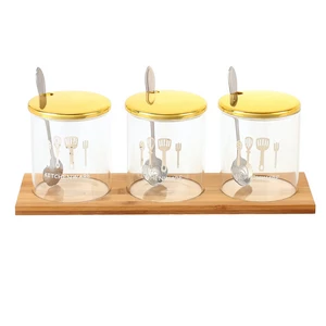 Spices Set, 3 Pieces with Tray and Spoons, Glass Wood - Transparent