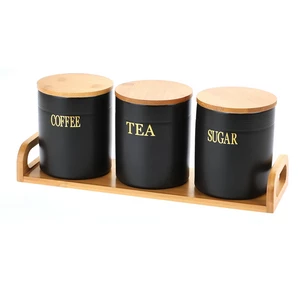 Storage Set, 3 Pieces with Wooden Tray, Porecelain , Black - gold
