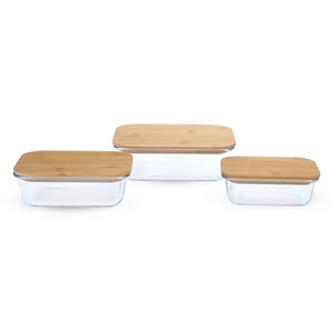 Food Container Set, 3 Pieces, Rectangler, Tempered Glass with Wooden Cover - Transpirent
