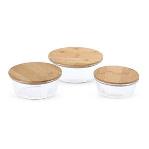 Food Container Set, 3 Pieces, Round, Tempered Glass with wooden Cover - Transpirent