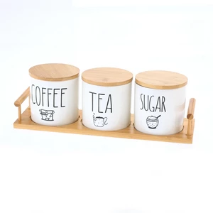 Storage Set, 3 Pieces with Wooden Tray, Porecelain - White