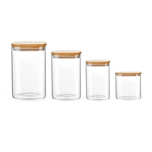 Canister Set, 4 Pieces, Glass with Wooden Cover, 750, 900, 1150, 1600 ml