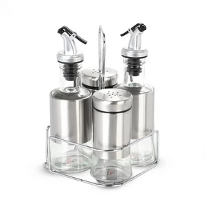 Salad Cruet Set, 4 Pieces with Stand, Stainless Steel with Glass, Silver