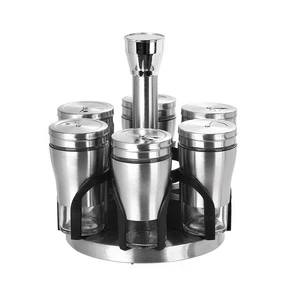 Spices Set, 6 Pieces Round with Rotated Stand, Stainless Steel witg Glass, Silver