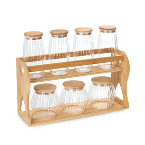 Spices Set, 7 Pieces Round with Wood Stand, Brosilicate Glass, Transpirent