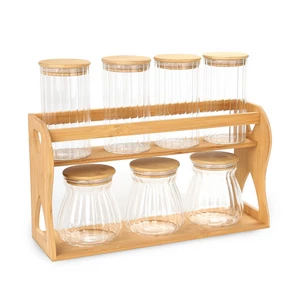 Spices Set 7 Pieces Round with Wood Stand, Brosilicate Glass, Transpirent