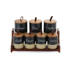 Spices Set, 7 Pieces Porcelain with Wooden Stand, Black