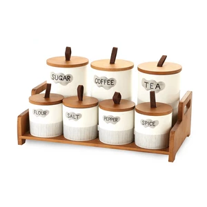 Spices Set, 7 Pieces Porcelain with Wooden Stand, White