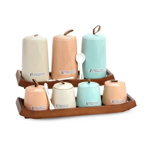 Spices Set, 7 Pieces with 2 Stands , Porcelain,  Blue - Peach