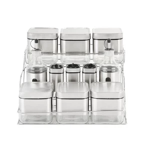 Spices Set, 11 Pieces Sqaure with Stand 2 Layers, Stainless Steel with Glass - Silver
