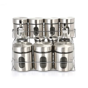 Spices Set, 11 Pieces Round with Stand 2 Layers, Stainless Steel with Glass, Silver