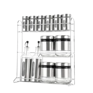 Spices Set, 12 Pieces Round with Stand, Stainless Steel with Glass - Silver